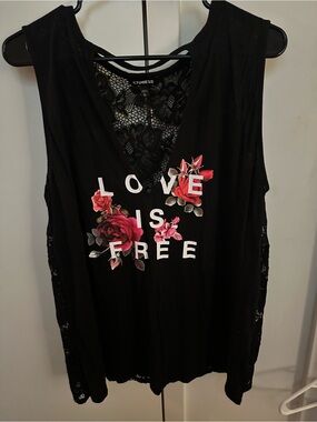Express Black Tank with Pink Floral 'Love Is Free' Graphic